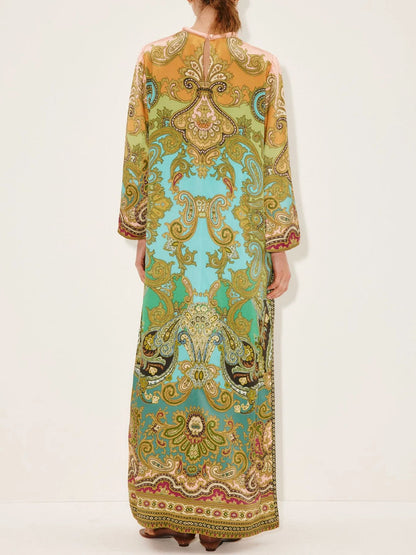 Printed Slit Hem Belted Satin Maxi Dress