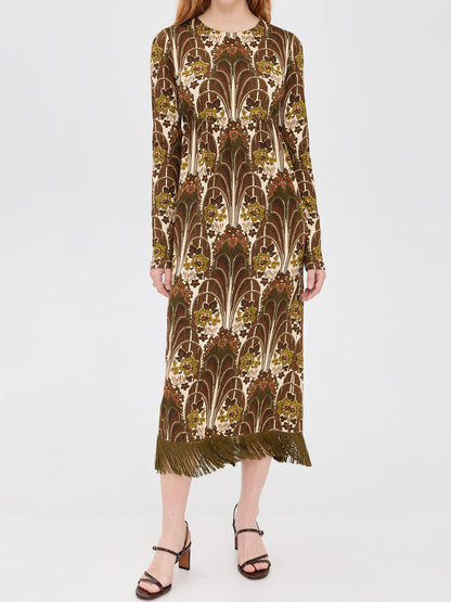 Floral Print Fringed Hem Midi Dress