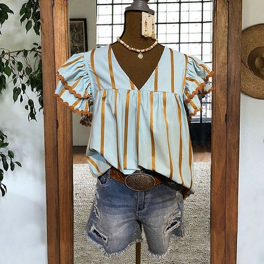 Ruffled Sleeve Striped Top