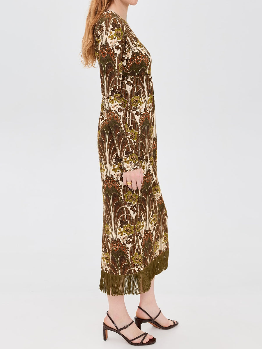 Floral Print Fringed Hem Midi Dress
