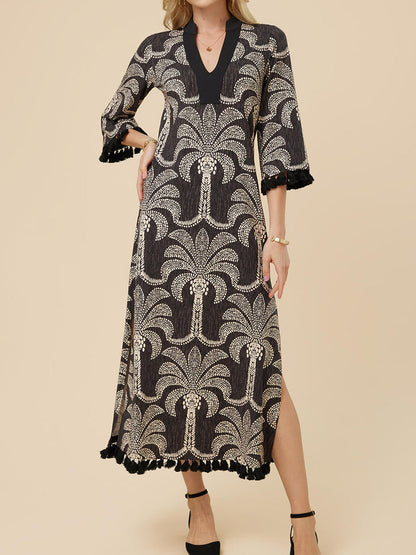 Tassel Trim Printed A-line Dress