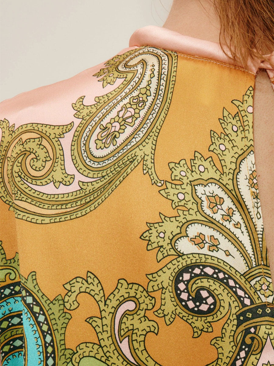 Printed Slit Hem Belted Satin Maxi Dress