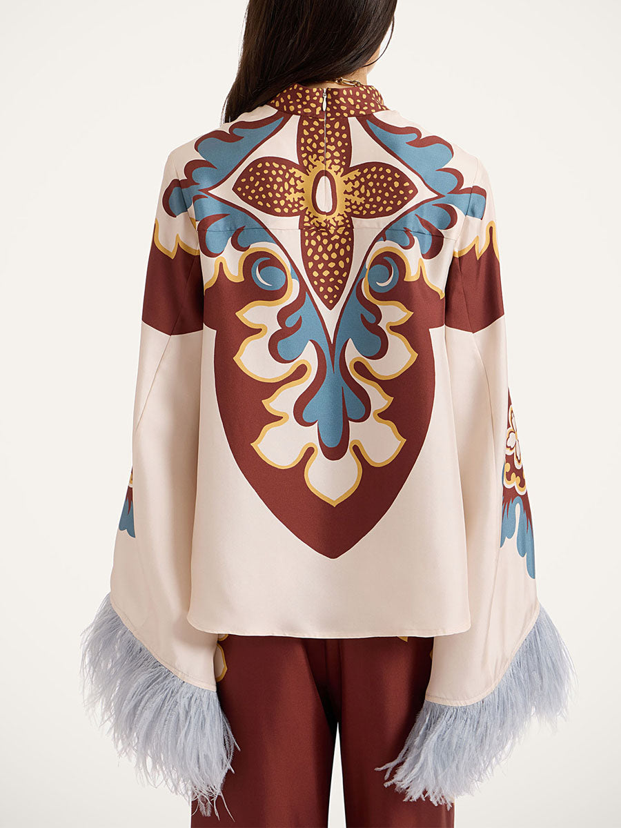 High Neck Feather Sleeve Two Pieces Set
