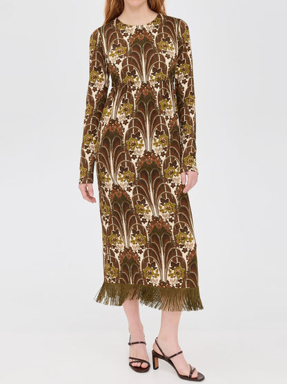 Floral Print Fringed Hem Midi Dress