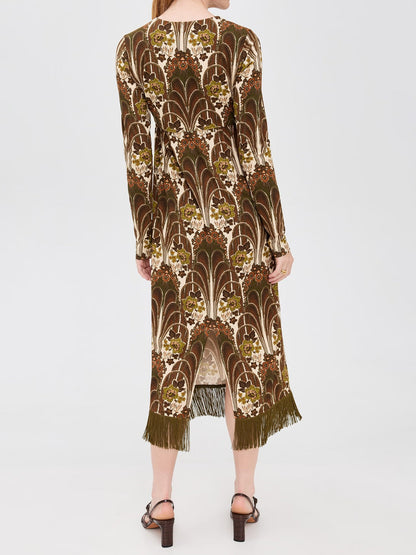 Floral Print Fringed Hem Midi Dress