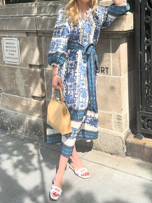 Split Neck Printed Long Sleeve Maxi Dress