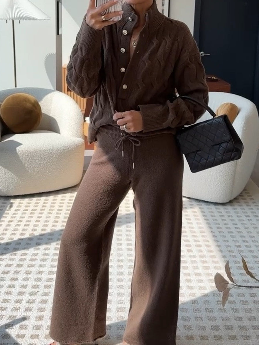 Half-Placket Sweater Knitted Two Pieces Set