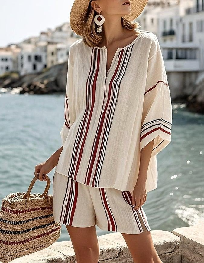 Comfy V-Neck Striped Print Two Piece Set