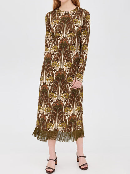 Floral Print Fringed Hem Midi Dress