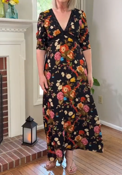 Demure Floral Midi Dress With Lace