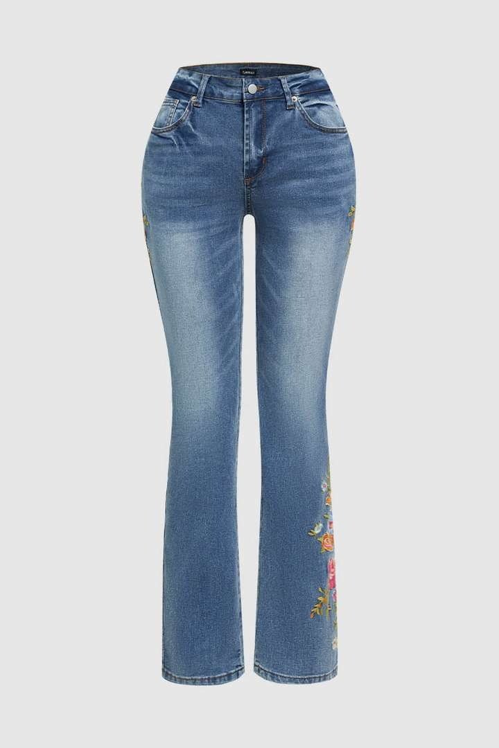 Wash Floral Embroidery Side Mid Rise Bootcut Jeans