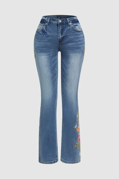 Wash Floral Embroidery Side Mid Rise Bootcut Jeans