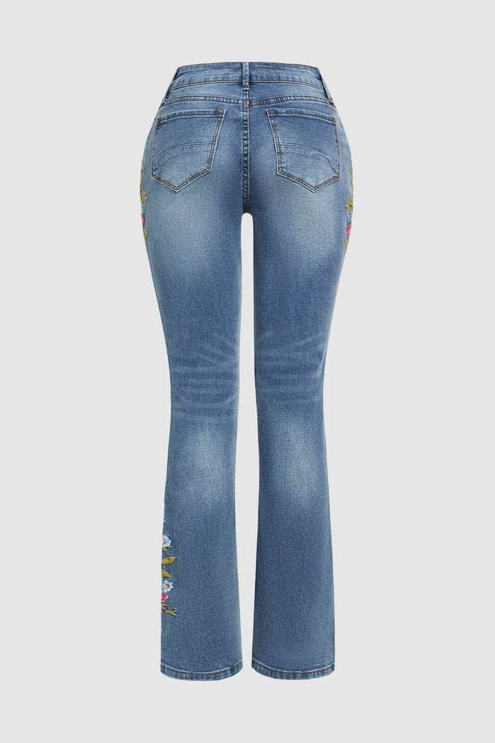 Wash Floral Embroidery Side Mid Rise Bootcut Jeans