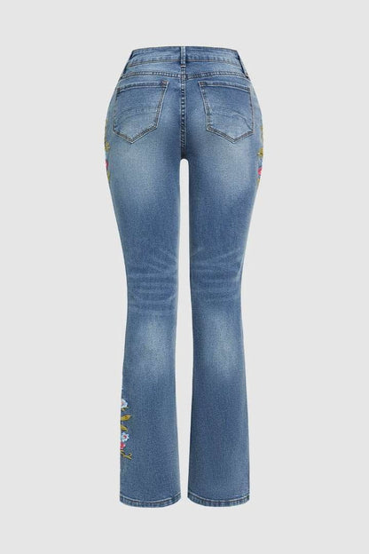 Wash Floral Embroidery Side Mid Rise Bootcut Jeans