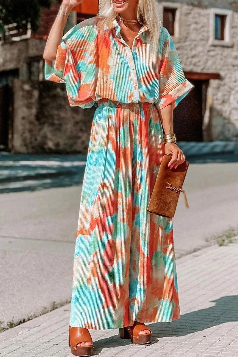 Bohemian Tie Dye Patchwork Collar Loose Jumpsuits