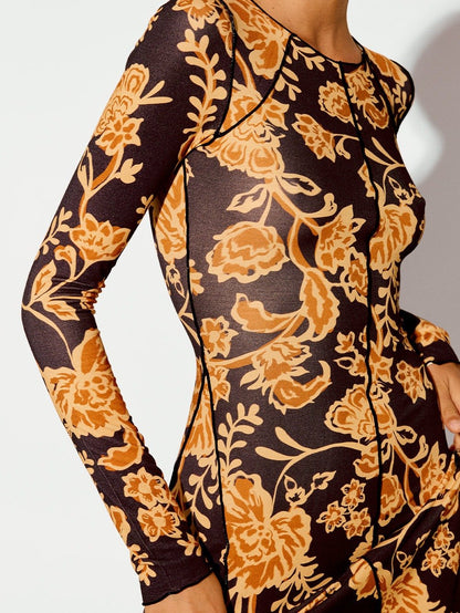 Women's Golden Toned Vine Floral Dress