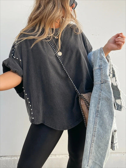 Washed Roll Up Sleeve Studded Oversized Tee