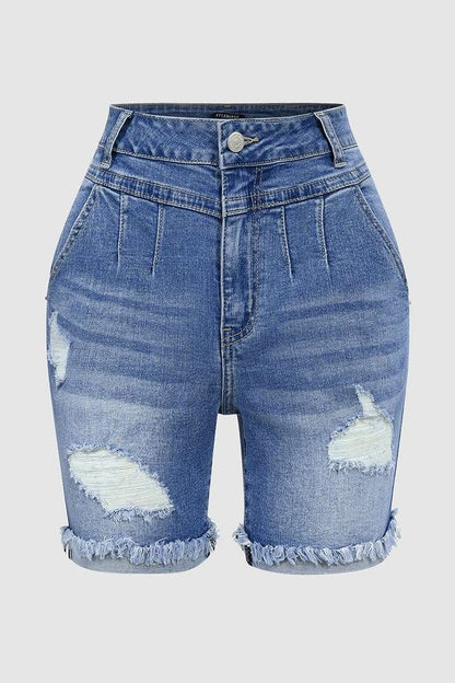 Ripped Raw Edge High Waist Denim Mid Thigh Shorts