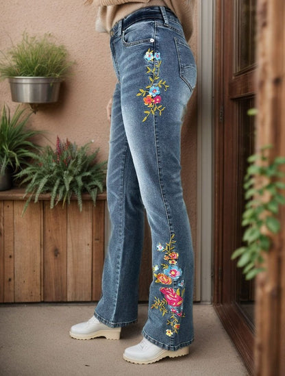 Wash Floral Embroidery Side Mid Rise Bootcut Jeans