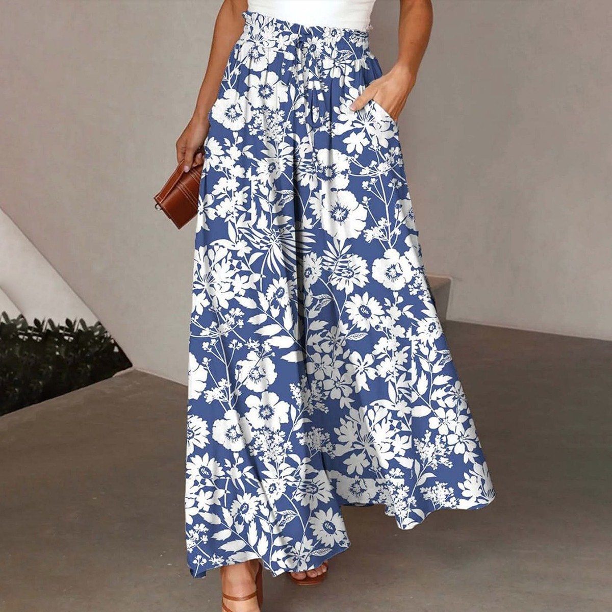 Fresh Blue Floral Print Elastic Waist Pants