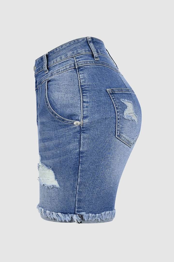 Ripped Raw Edge High Waist Denim Mid Thigh Shorts