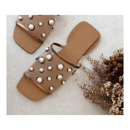 Square Toe Mesh Pearl Flat Slippers