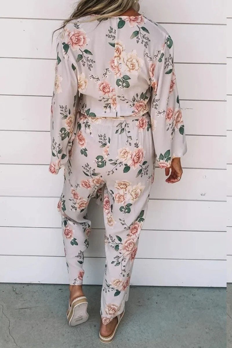 Fashion Print Split Joint V Neck Jumpsuits