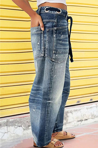 Drawstring Grommet Eyelet Mid Waist Wide Leg Cropped Jeans