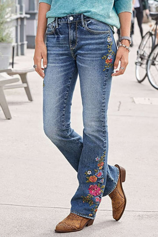 Wash Floral Embroidery Side Mid Rise Bootcut Jeans