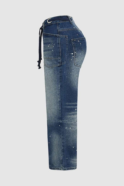 Drawstring Grommet Eyelet Mid Waist Wide Leg Cropped Jeans