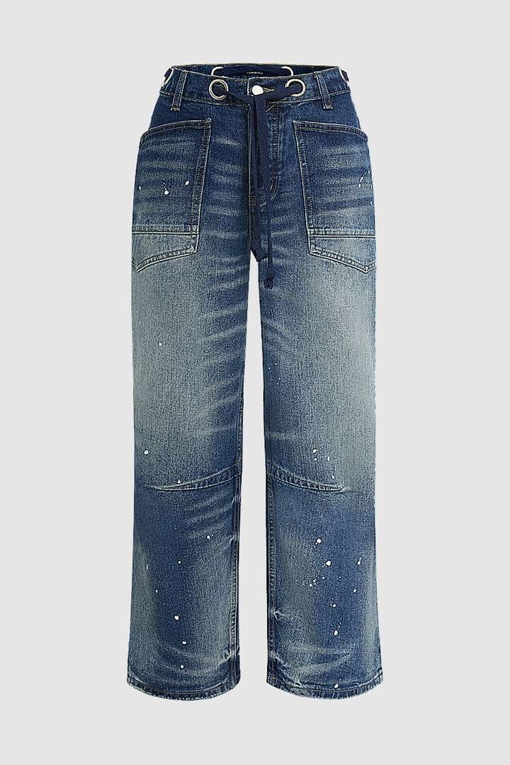 Drawstring Grommet Eyelet Mid Waist Wide Leg Cropped Jeans