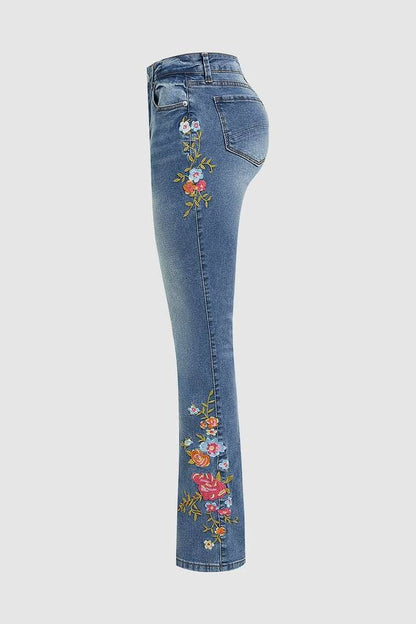 Wash Floral Embroidery Side Mid Rise Bootcut Jeans