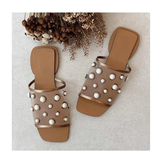 Square Toe Mesh Pearl Flat Slippers