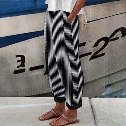 Black Striped Print Side Pocket Pants