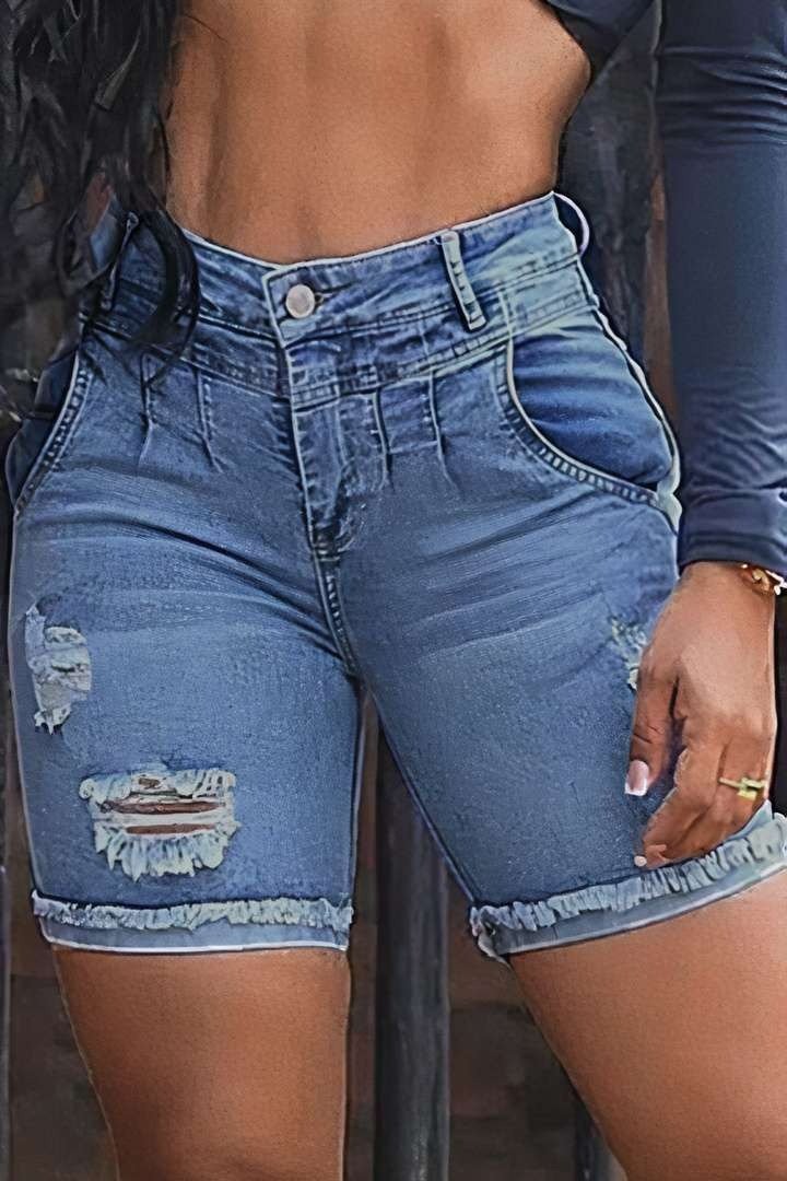 Ripped Raw Edge High Waist Denim Mid Thigh Shorts