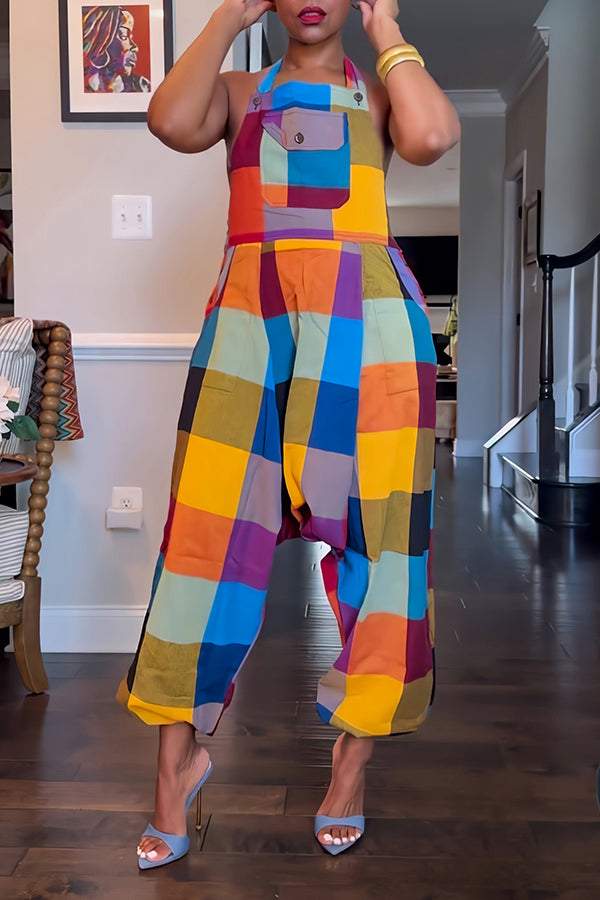 Summer Colorful Colorblock Drop Crotch Overalls