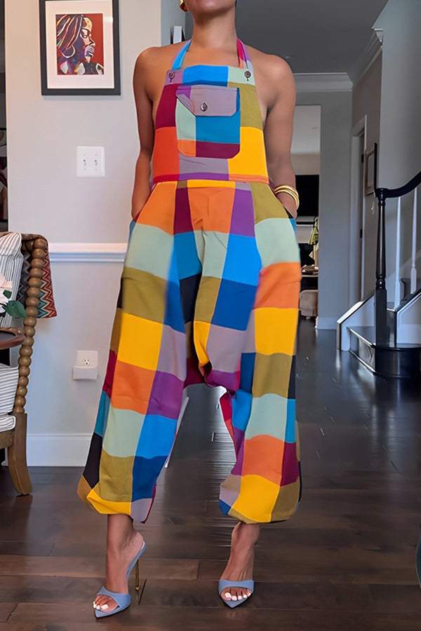 Summer Colorful Colorblock Drop Crotch Overalls