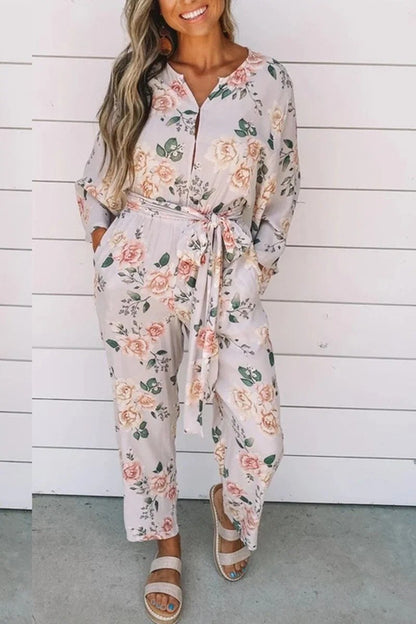 Fashion Print Split Joint V Neck Jumpsuits