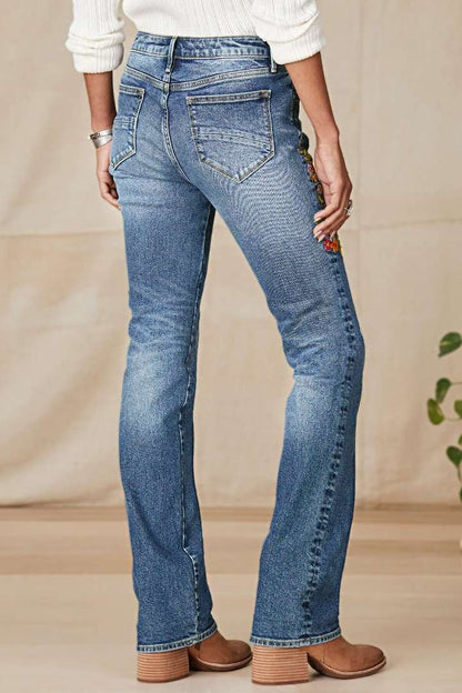 Wash Floral Embroidery Side Mid Rise Bootcut Jeans