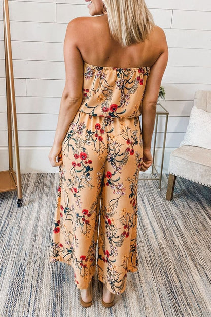 Casual Print Split Joint Strapless Straight Jumpsuits