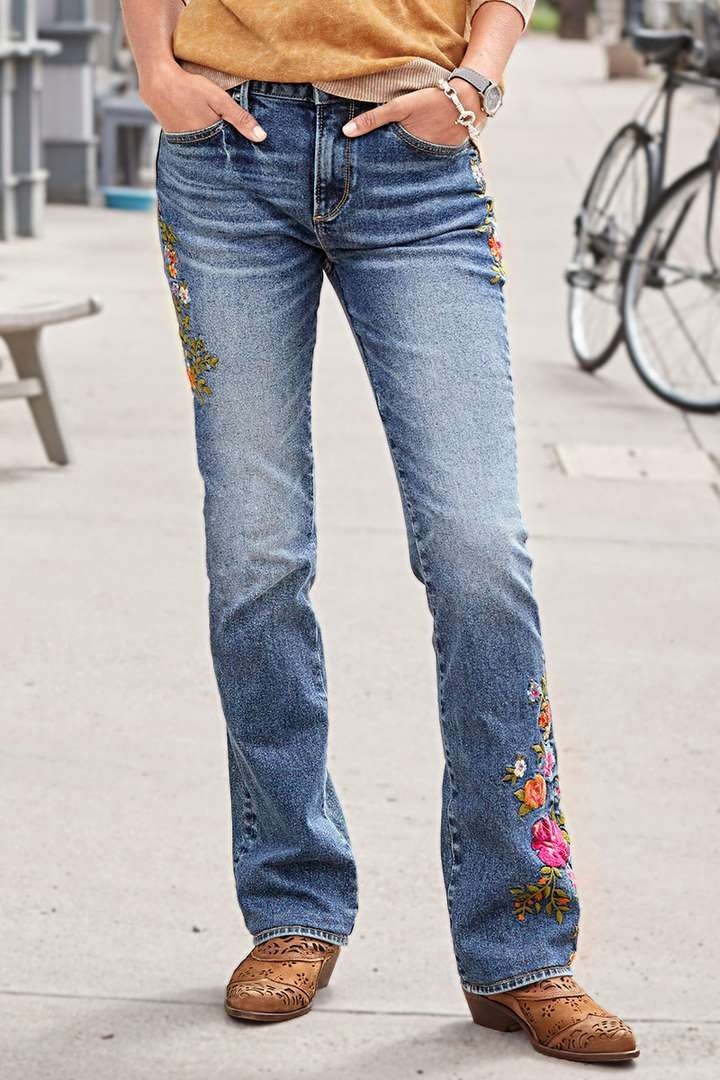 Wash Floral Embroidery Side Mid Rise Bootcut Jeans