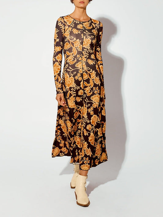 Women's Golden Toned Vine Floral Dress