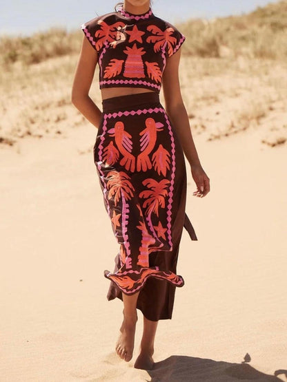 Printed Slit Hem Two Pieces Dress Sets