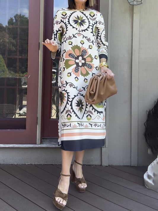 Round Neck Printed Slit Hem Dress