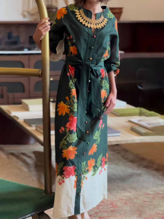 Printed Long Sleeve Lace Up Maxi Dress