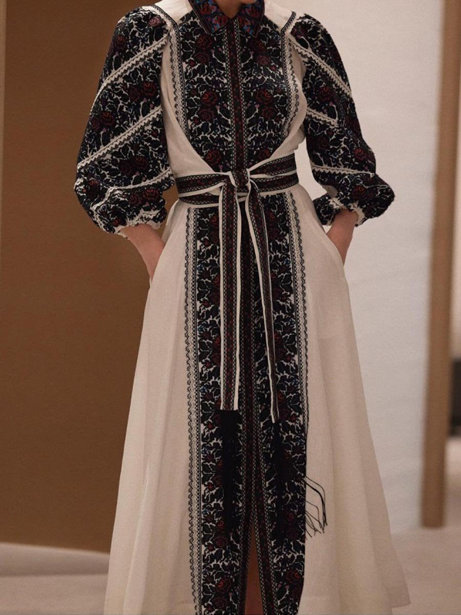 Placement Print Long Sleeve Belted Shirtdress