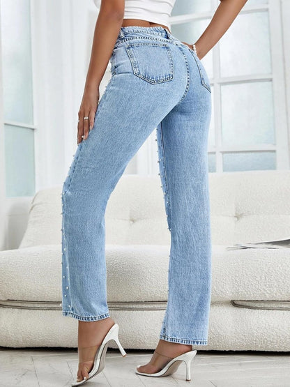 Women's High Waist Straight Leg Casual Denim Pearl Pants