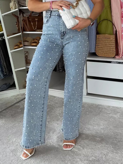 Women's High Waist Straight Leg Casual Denim Pearl Pants