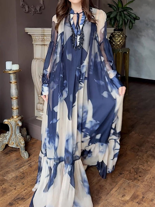 Rhinestone Sparkle Chiffon Printed Belted Maxi Dress