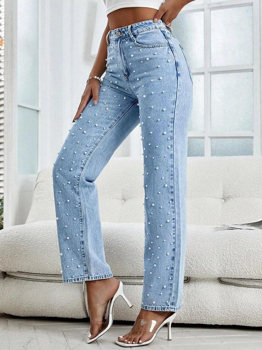 Women's High Waist Straight Leg Casual Denim Pearl Pants